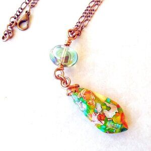 Vibrant Autumnn Colors! Green Sea Sediment Jasper Teardrop Copper Necklace